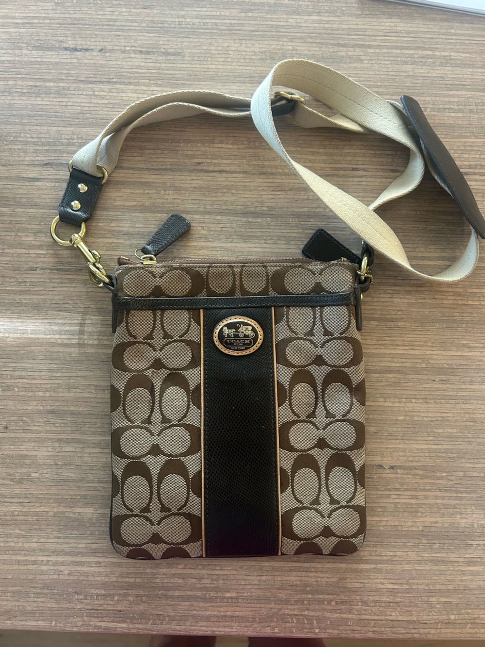 Coach Brown Signature Canvas Crossbody with Black Trim